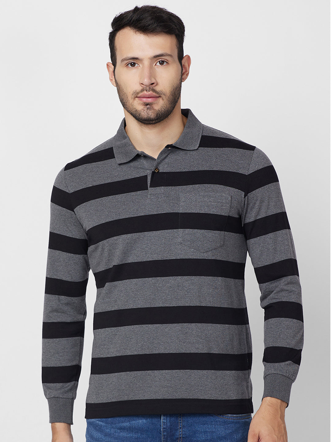 Men's Classic Striped Polo Long Sleeve Cotton Blend T-Shirts