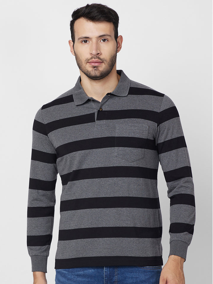 Men's Classic Striped Polo Long Sleeve Cotton Blend T-Shirts