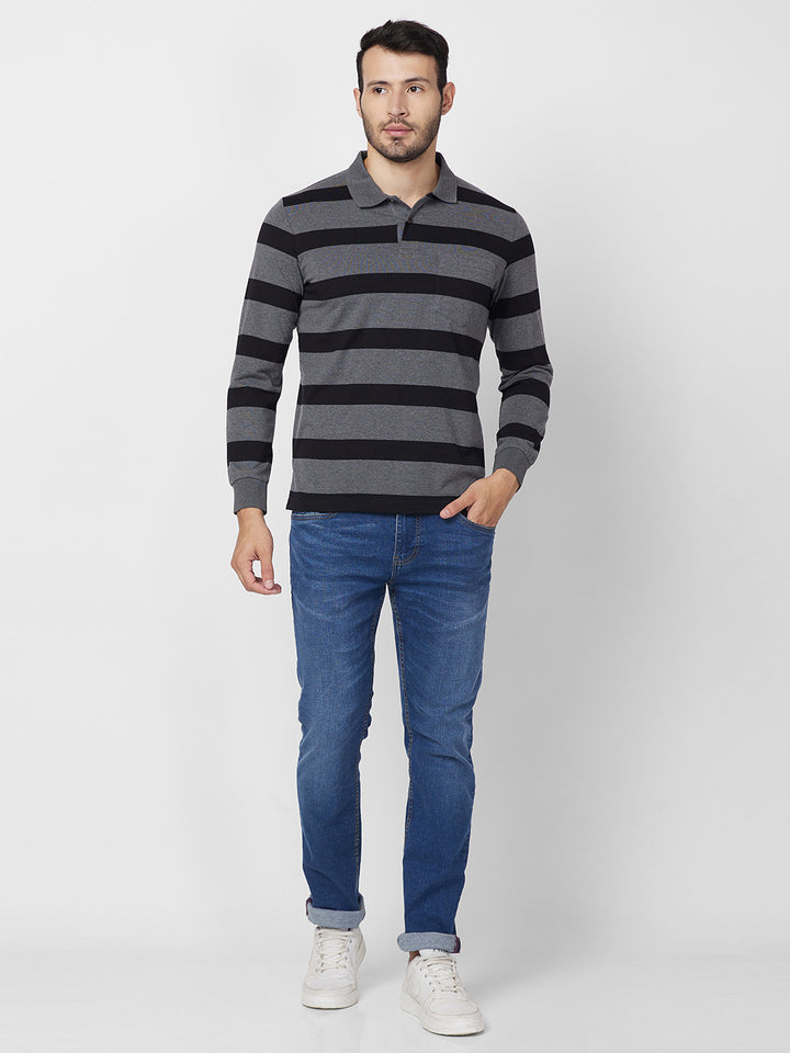 Men's Classic Striped Polo Long Sleeve Cotton Blend T-Shirts