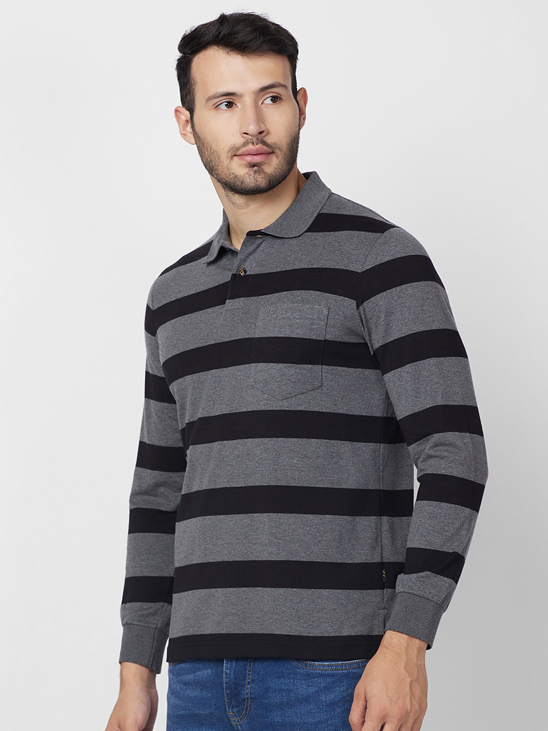 Men's Classic Striped Polo Long Sleeve Cotton Blend T-Shirts