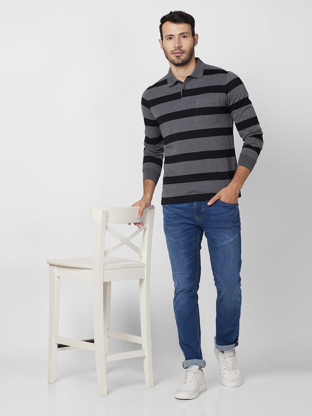 Men's Classic Striped Polo Long Sleeve Cotton Blend T-Shirts