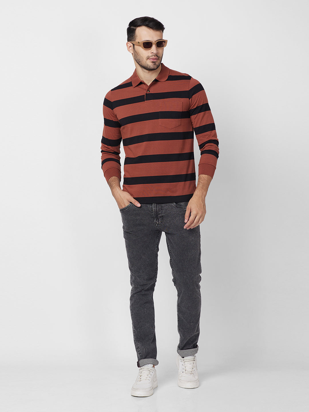Men's Classic Striped Polo Long Sleeve Cotton Blend T-Shirts