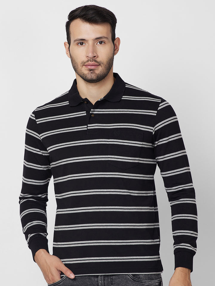 Men's Full Sleeve Jersey Striper Polo Cotton Blend T-Shirts