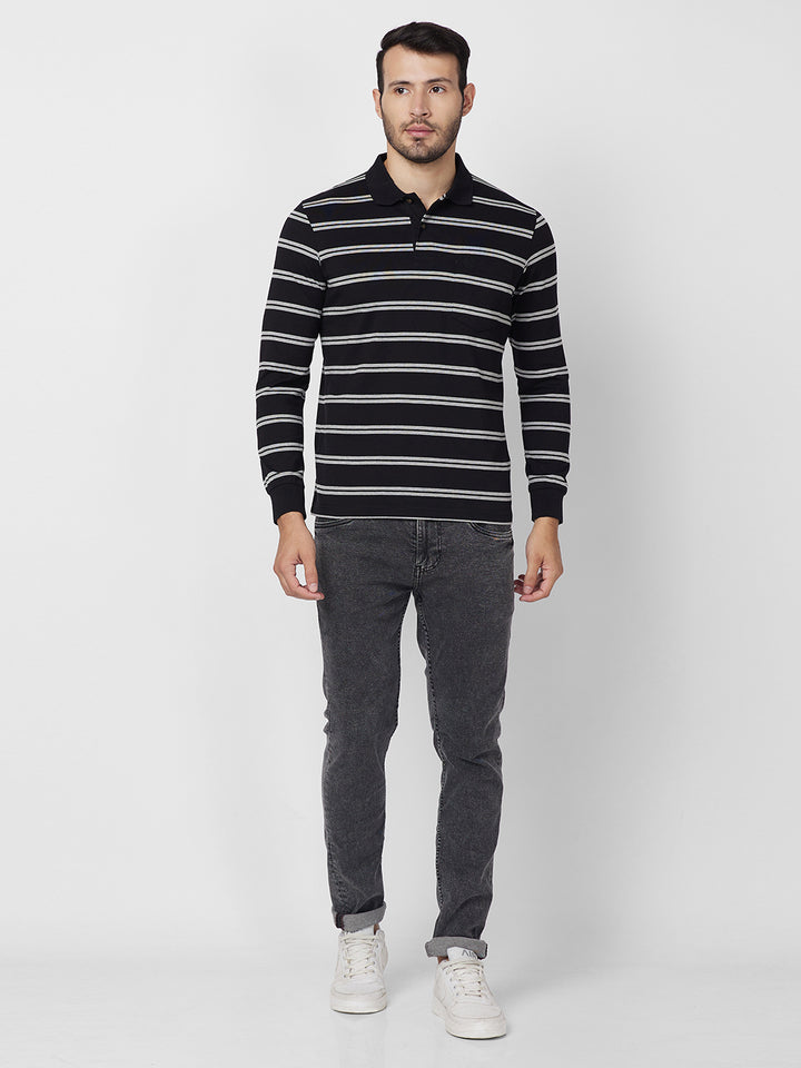 Men's Full Sleeve Jersey Striper Polo Cotton Blend T-Shirts