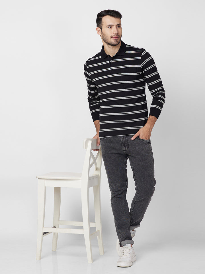 Men's Full Sleeve Jersey Striper Polo Cotton Blend T-Shirts