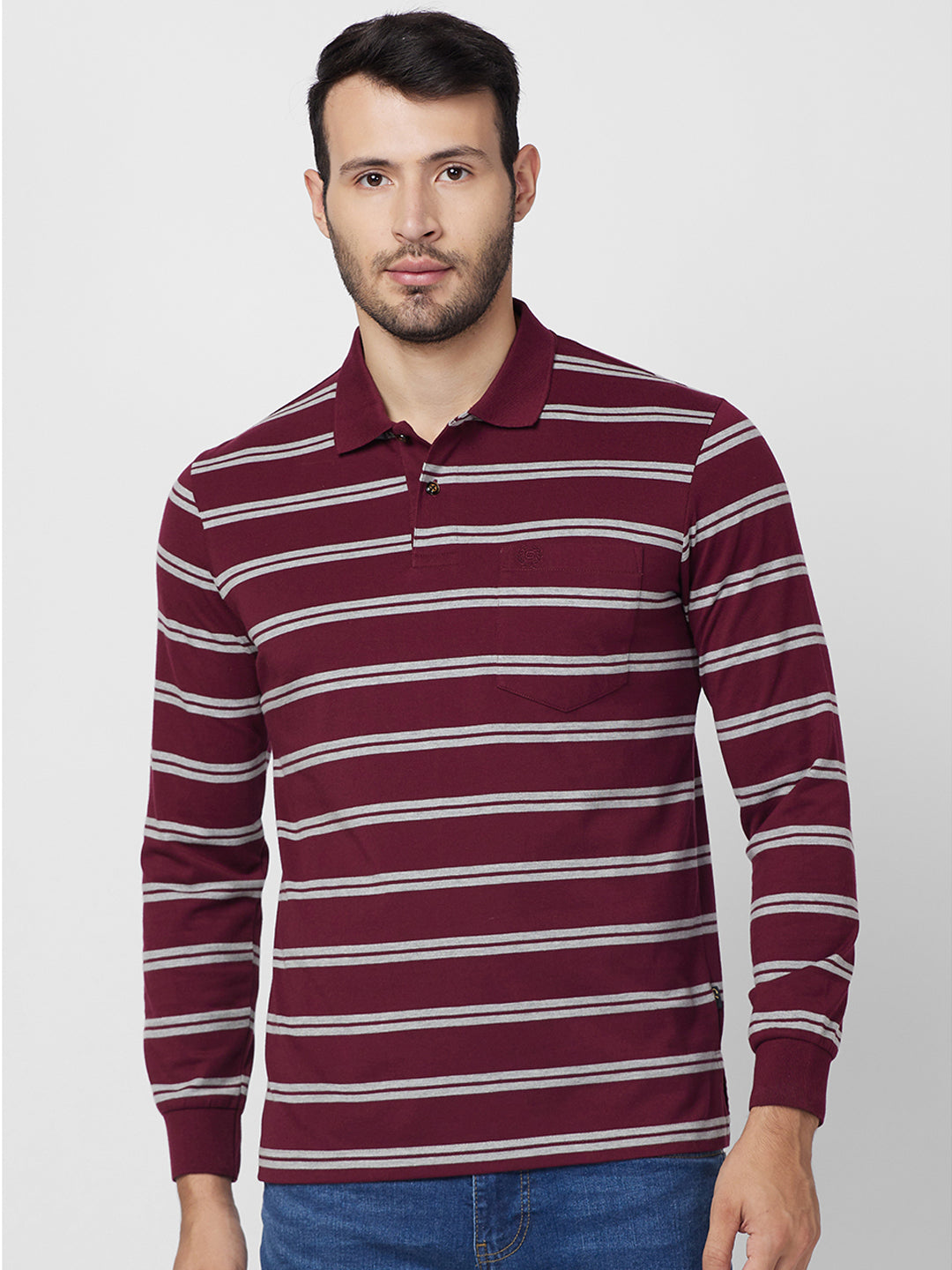Men's Full Sleeve Jersey Striper Polo Cotton Blend T-Shirts