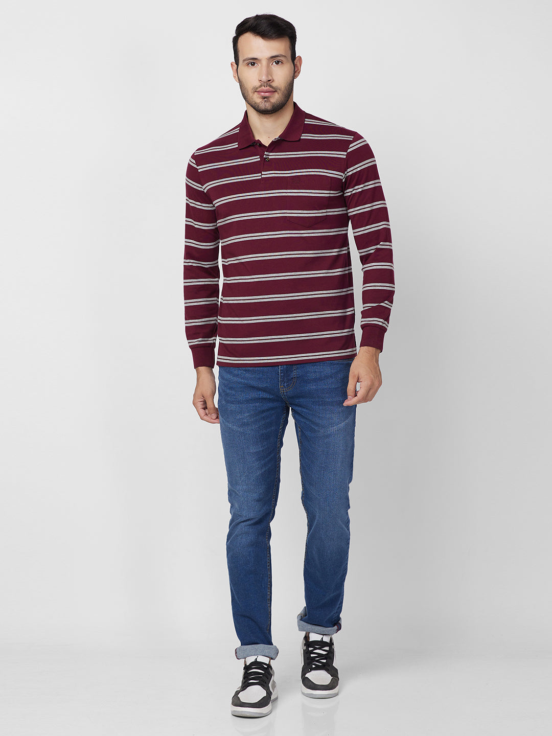 Men's Full Sleeve Jersey Striper Polo Cotton Blend T-Shirts