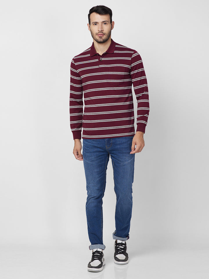 Men's Full Sleeve Jersey Striper Polo Cotton Blend T-Shirts