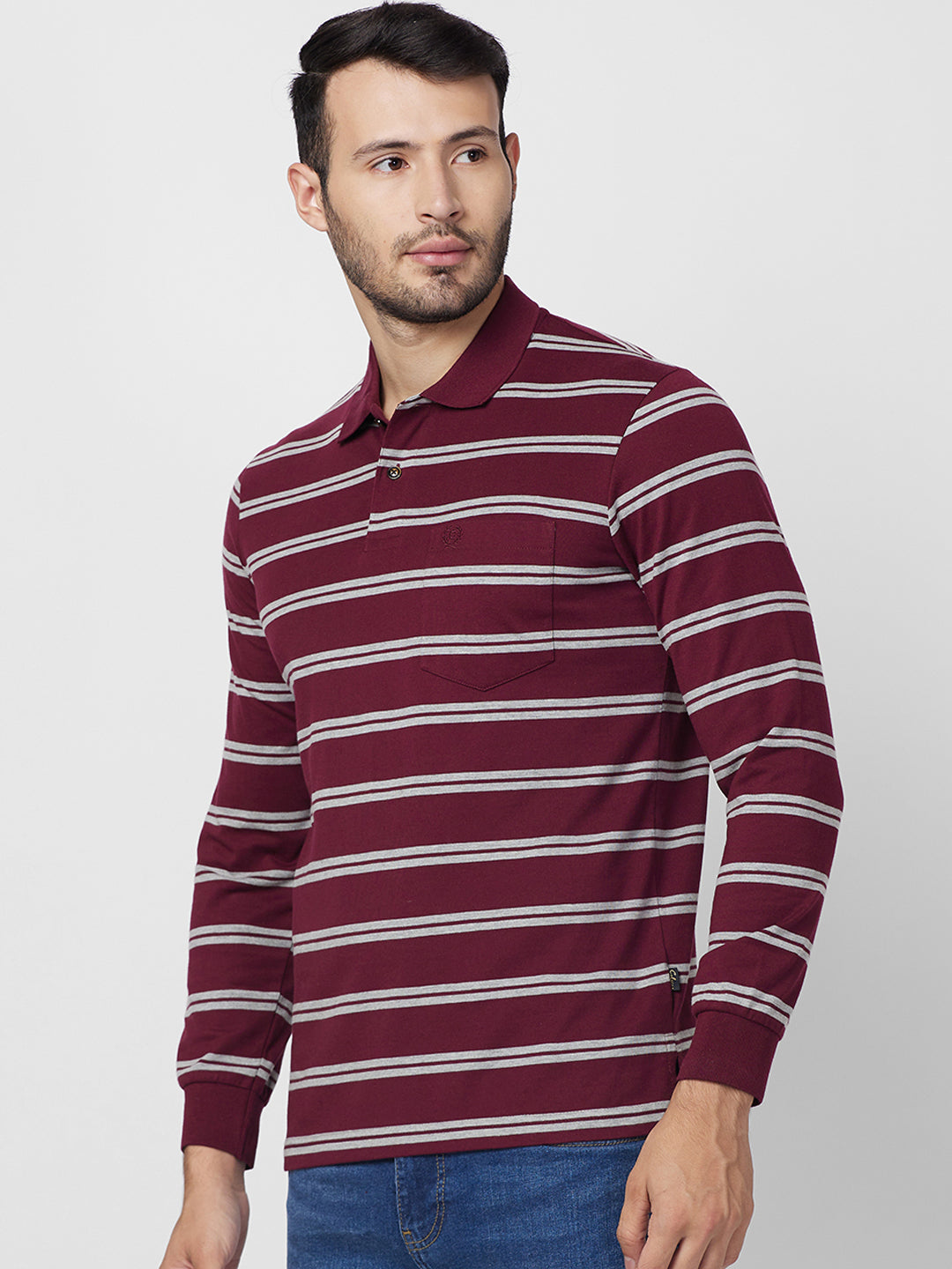 Men's Full Sleeve Jersey Striper Polo Cotton Blend T-Shirts