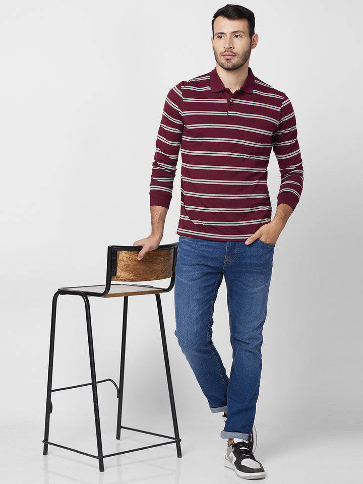 Men's Full Sleeve Jersey Striper Polo Cotton Blend T-Shirts