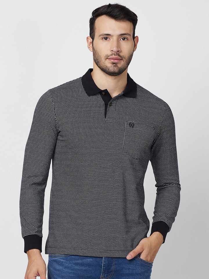 Men’s Jacquard Check Polo – Long Sleeve Cotton Blend - T-Shirts