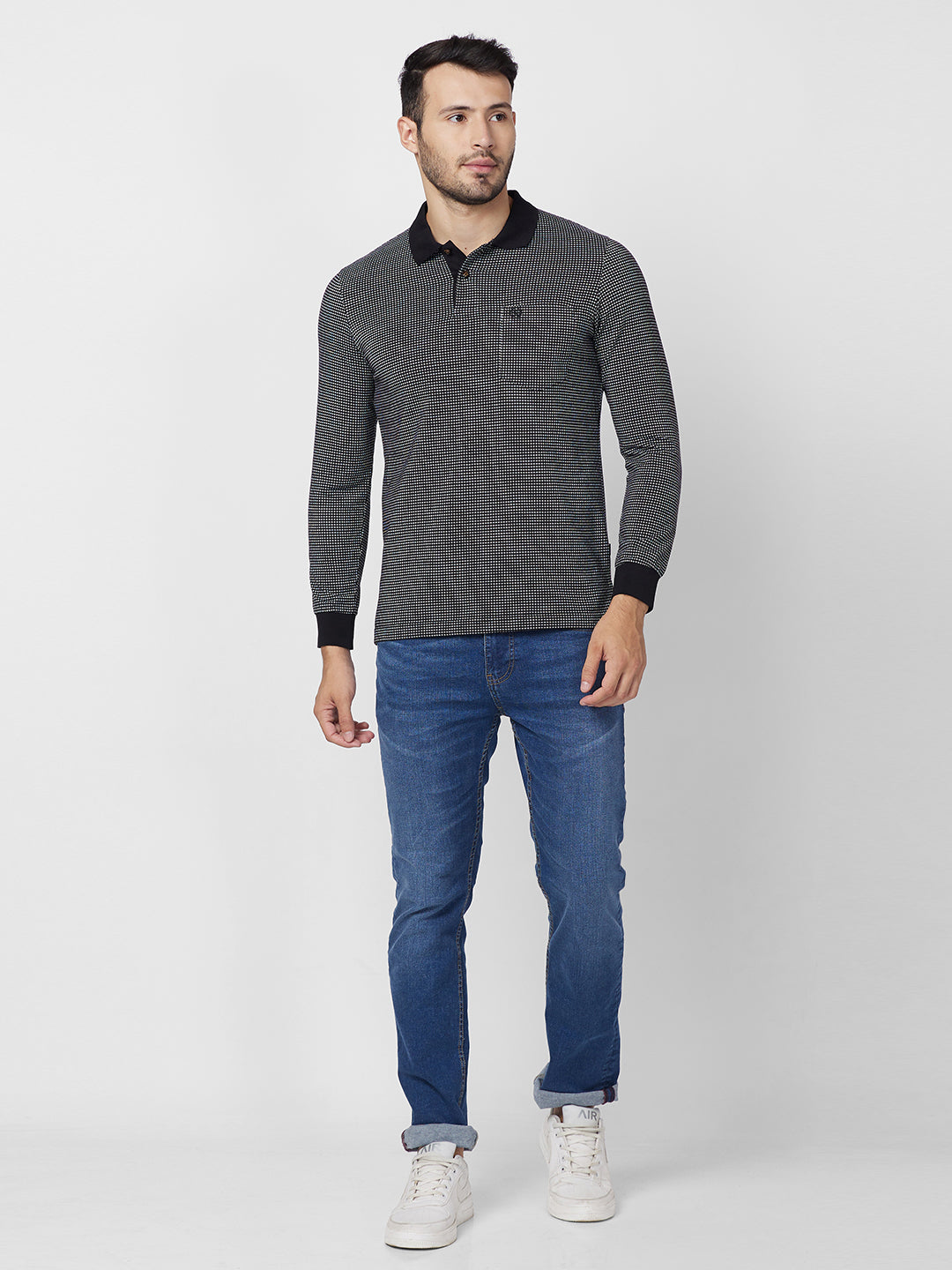 Men’s Jacquard Check Polo – Long Sleeve Cotton Blend - T-Shirts