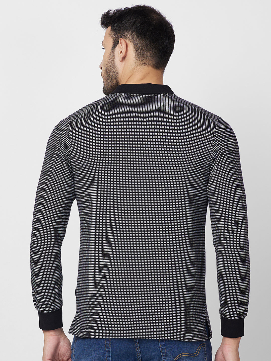 Men’s Jacquard Check Polo – Long Sleeve Cotton Blend - T-Shirts