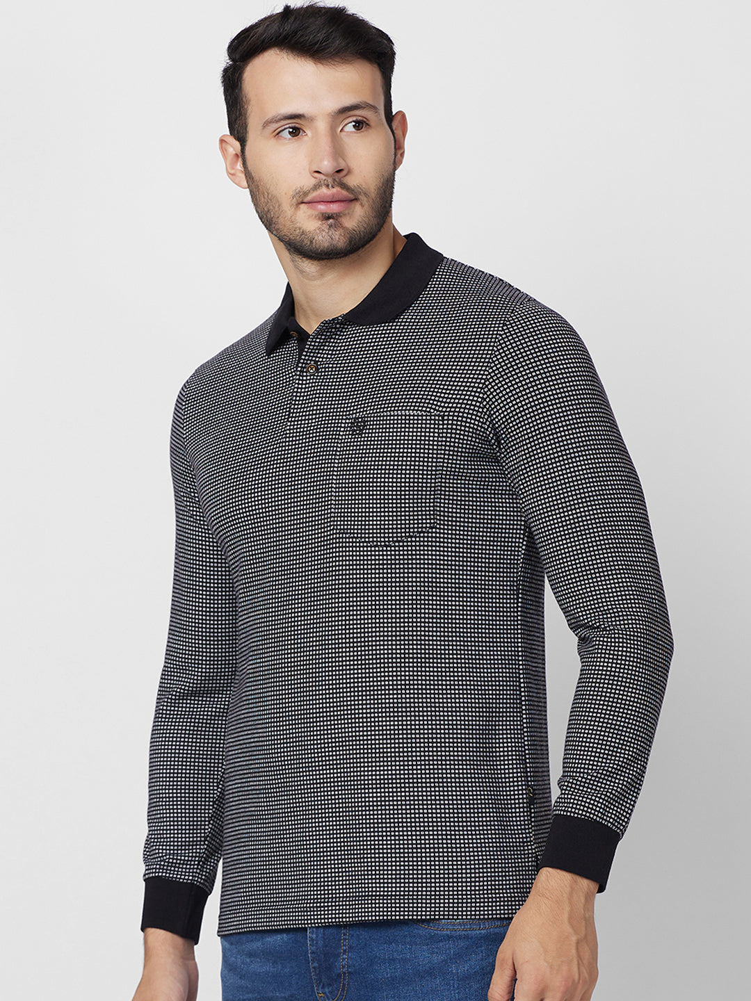 Men’s Jacquard Check Polo – Long Sleeve Cotton Blend - T-Shirts