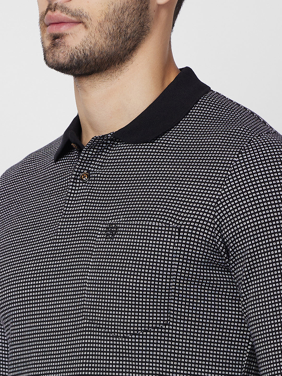 Men’s Jacquard Check Polo – Long Sleeve Cotton Blend - T-Shirts
