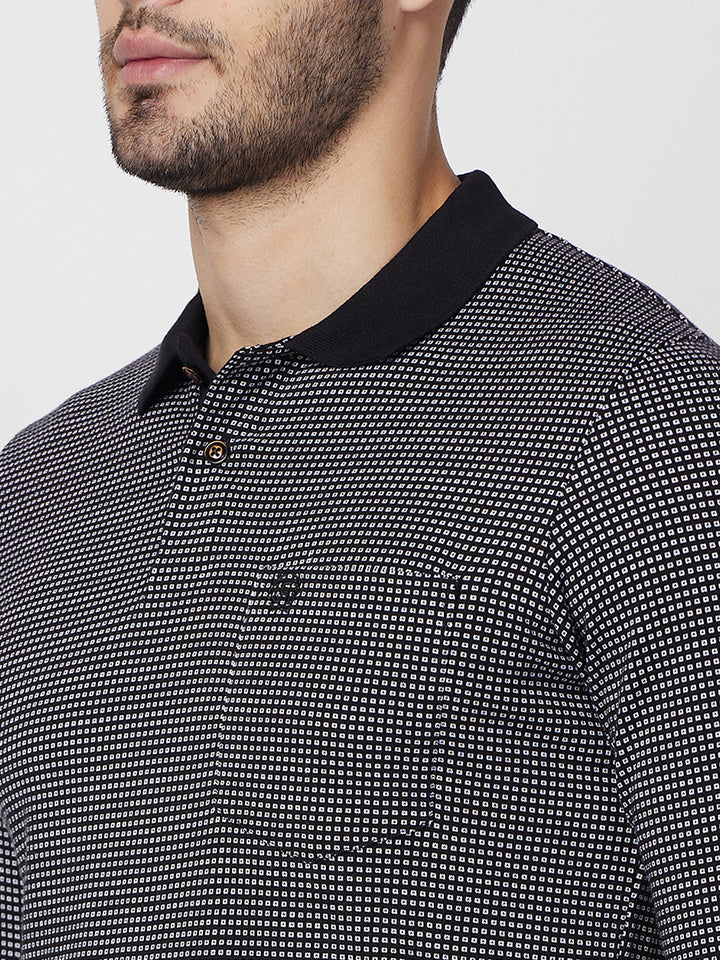 Men’s Jacquard Check Polo – Long Sleeve Cotton Blend - T-Shirts