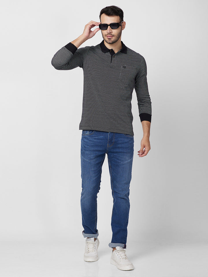 Men’s Jacquard Check Polo – Long Sleeve Cotton Blend - T-Shirts