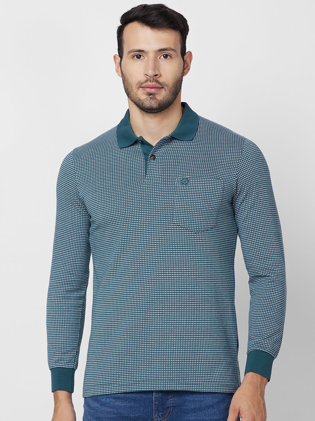 Men’s Jacquard Check Polo – Long Sleeve Cotton Blend - T-Shirts