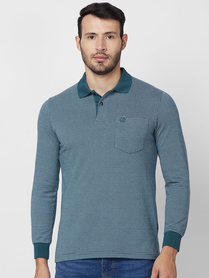 Men’s Jacquard Check Polo – Long Sleeve Cotton Blend - T-Shirts