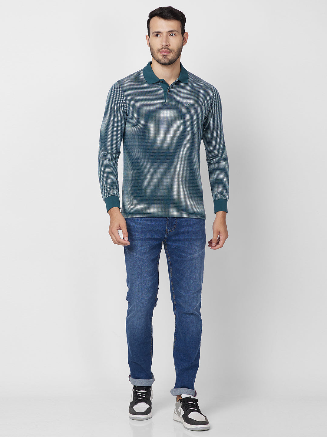 Men’s Jacquard Check Polo – Long Sleeve Cotton Blend - T-Shirts