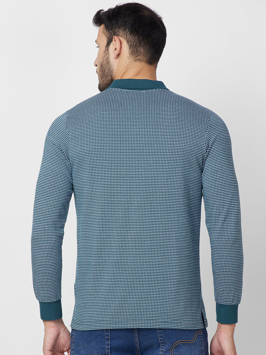 Men’s Jacquard Check Polo – Long Sleeve Cotton Blend - T-Shirts