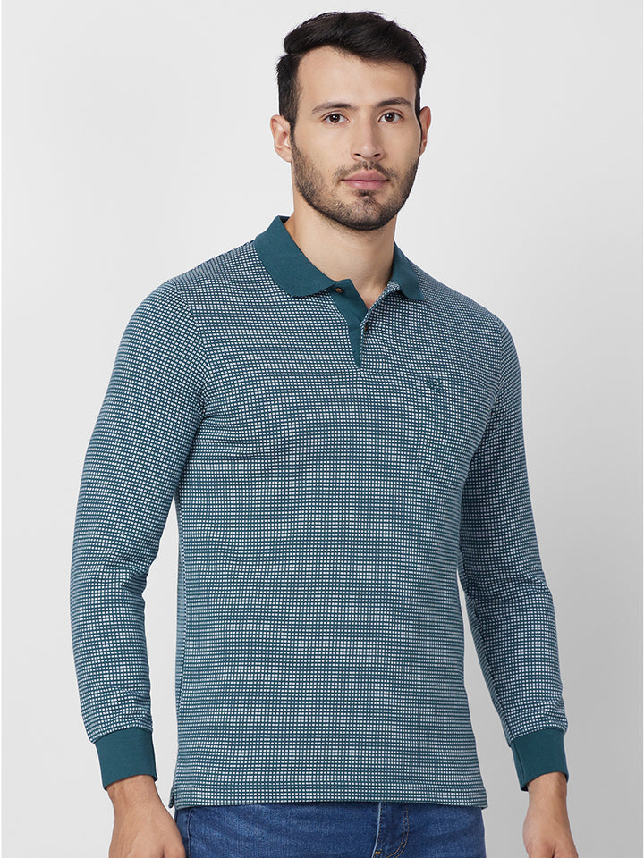 Men’s Jacquard Check Polo – Long Sleeve Cotton Blend - T-Shirts