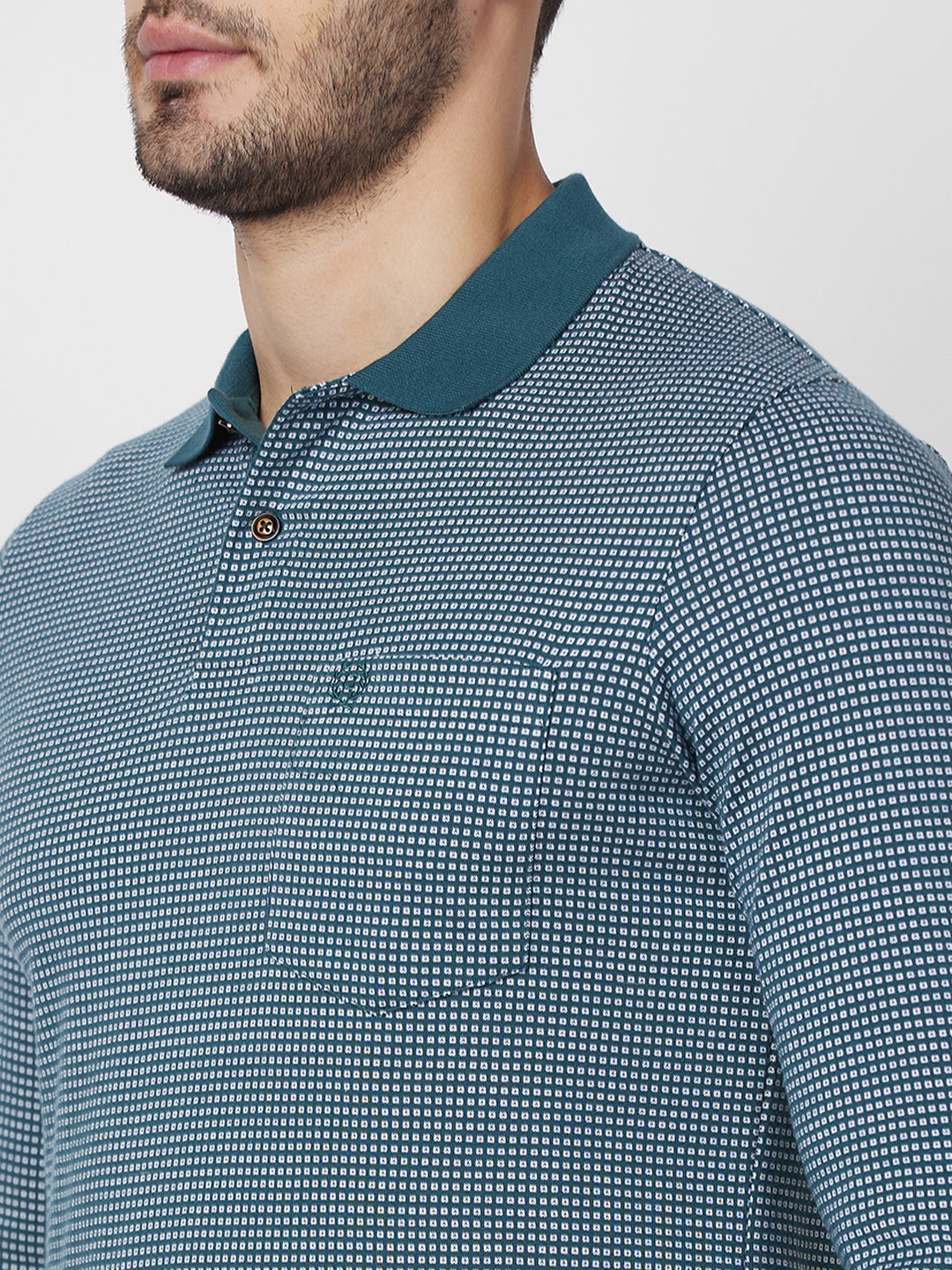 Men’s Jacquard Check Polo – Long Sleeve Cotton Blend - T-Shirts