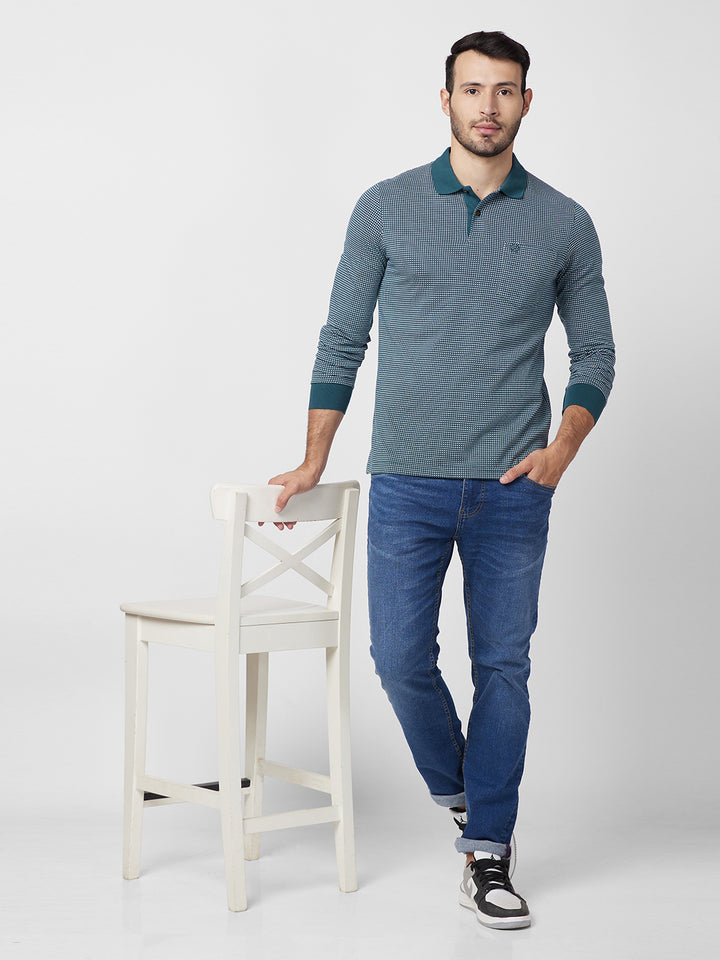 Men’s Jacquard Check Polo – Long Sleeve Cotton Blend - T-Shirts