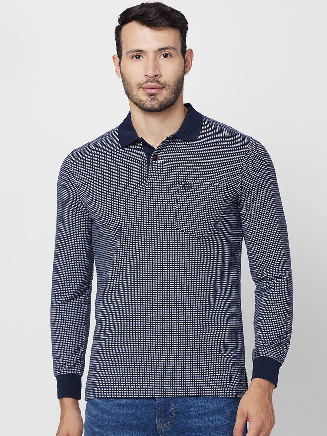 Men’s Jacquard Check Polo – Long Sleeve Cotton Blend - T-Shirts