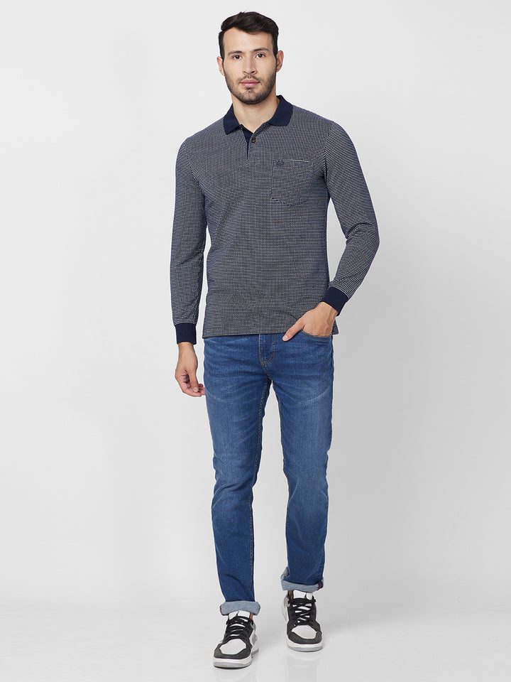 Men’s Jacquard Check Polo – Long Sleeve Cotton Blend - T-Shirts