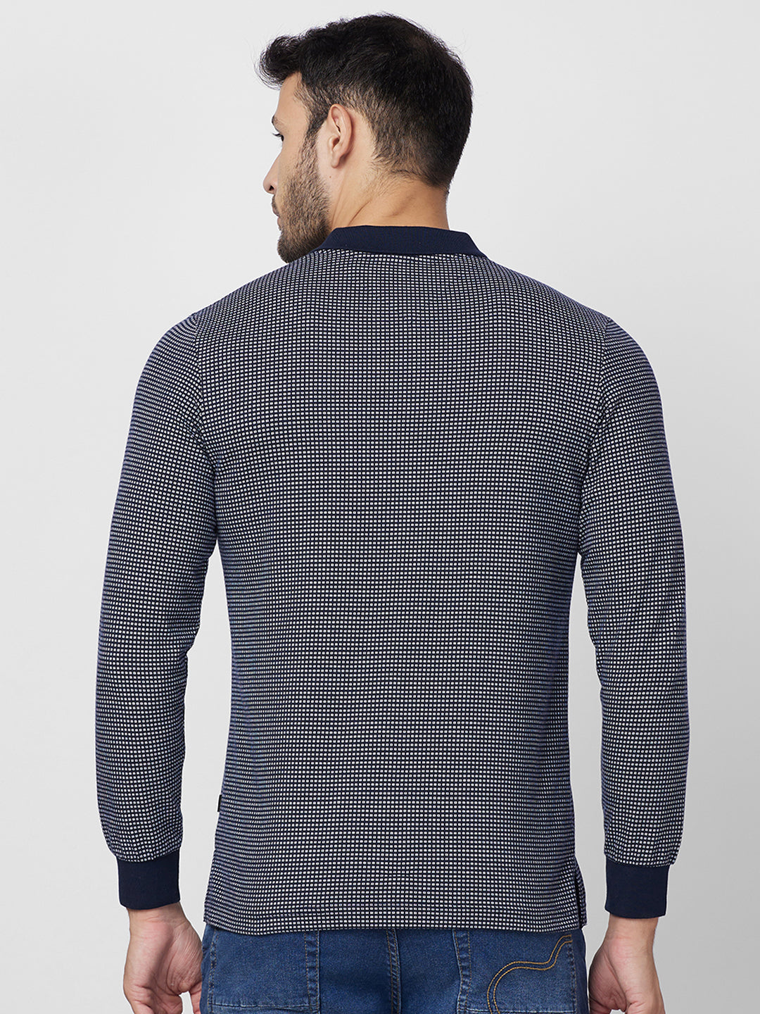 Men’s Jacquard Check Polo – Long Sleeve Cotton Blend - T-Shirts