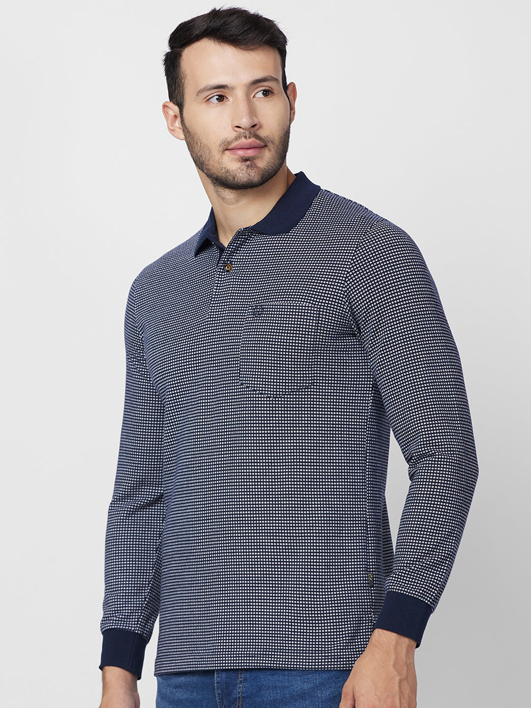 Men’s Jacquard Check Polo – Long Sleeve Cotton Blend - T-Shirts