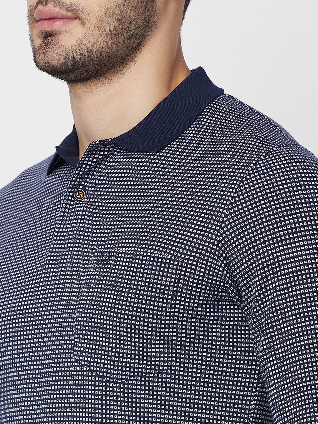 Men’s Jacquard Check Polo – Long Sleeve Cotton Blend - T-Shirts