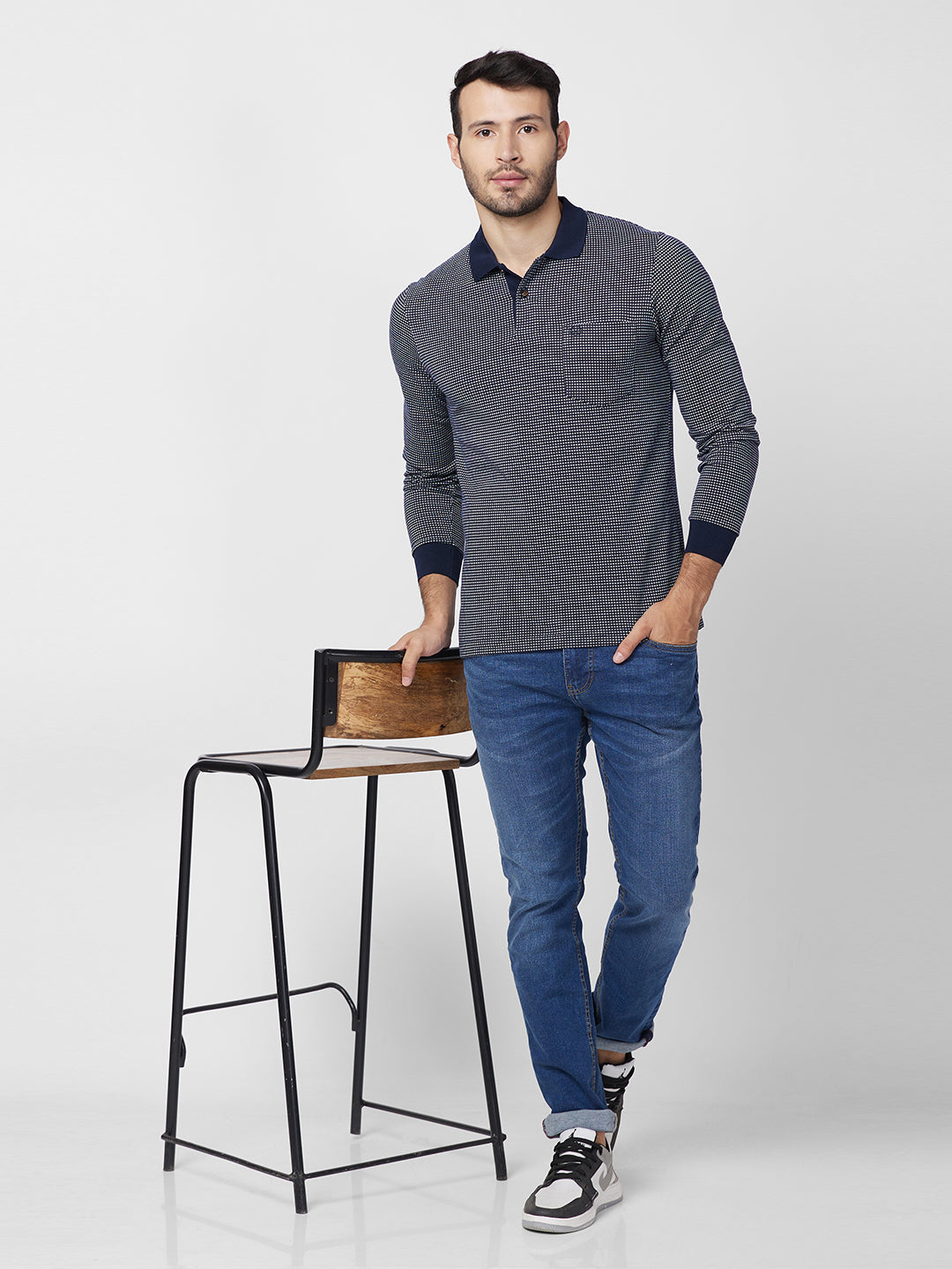 Men’s Jacquard Check Polo – Long Sleeve Cotton Blend - T-Shirts