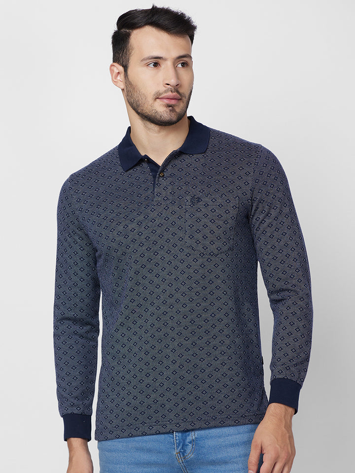 Men's Full-Sleeved Jacquard Polo Cotton Blend Shirt