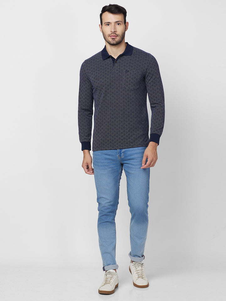 Men's Full-Sleeved Jacquard Polo Cotton Blend Shirt