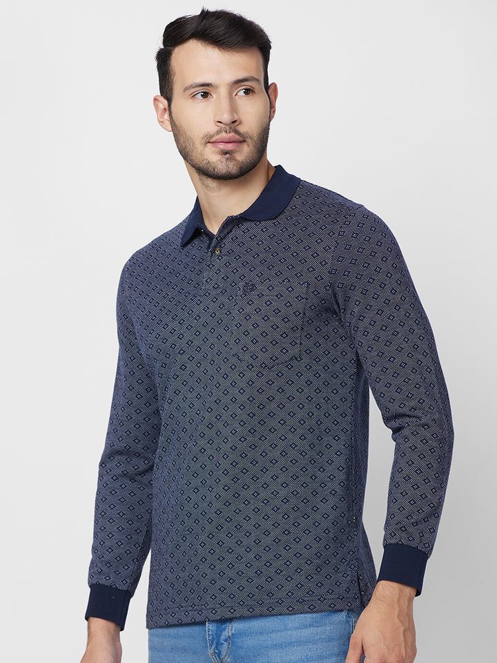 Men's Full-Sleeved Jacquard Polo Cotton Blend Shirt