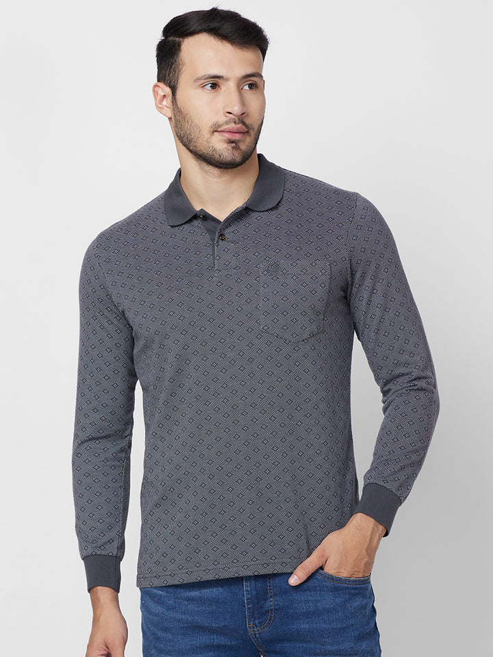 Men's Full-Sleeved Jacquard Polo Cotton Blend Shirt