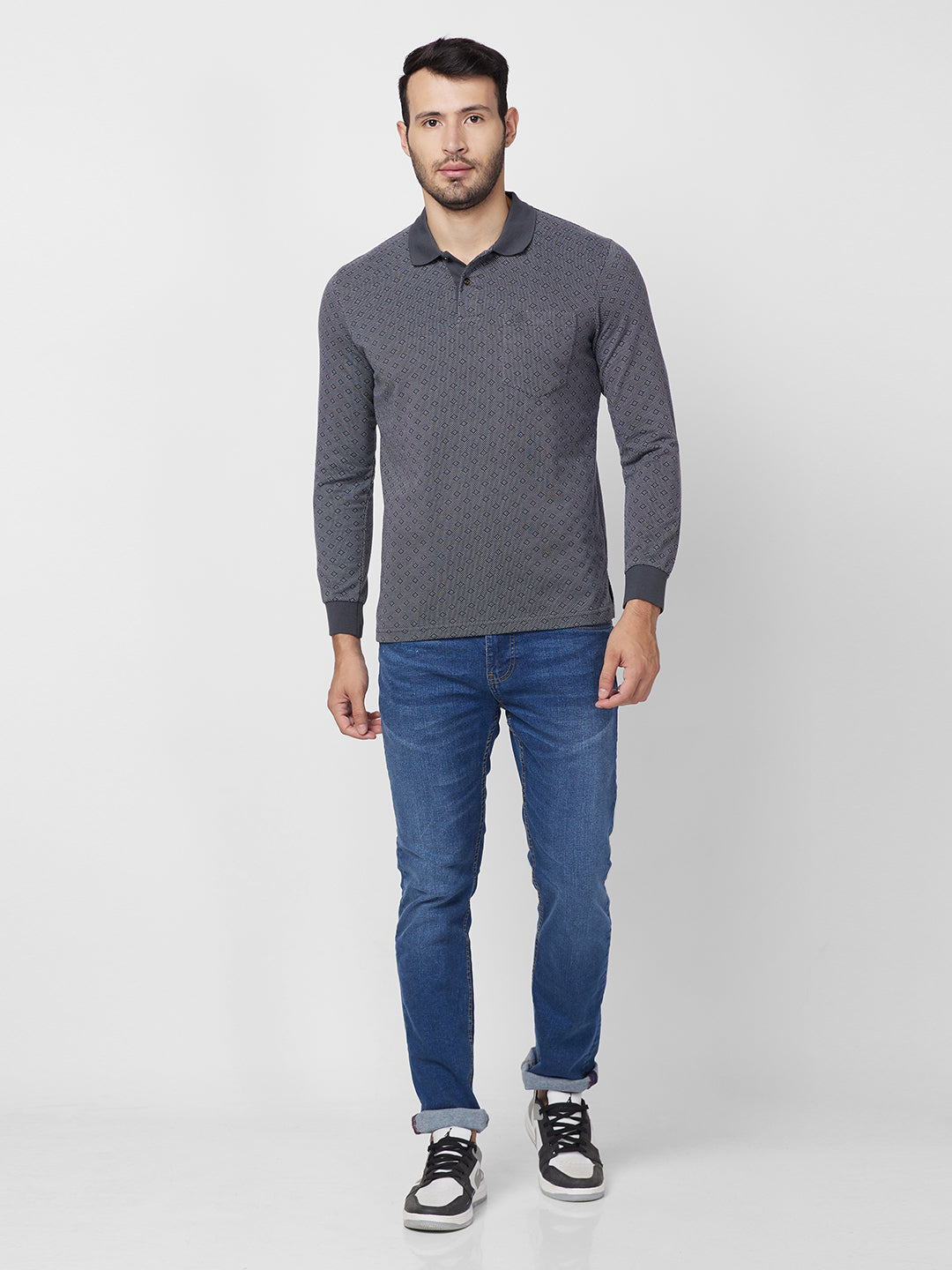 Men's Full-Sleeved Jacquard Polo Cotton Blend Shirt