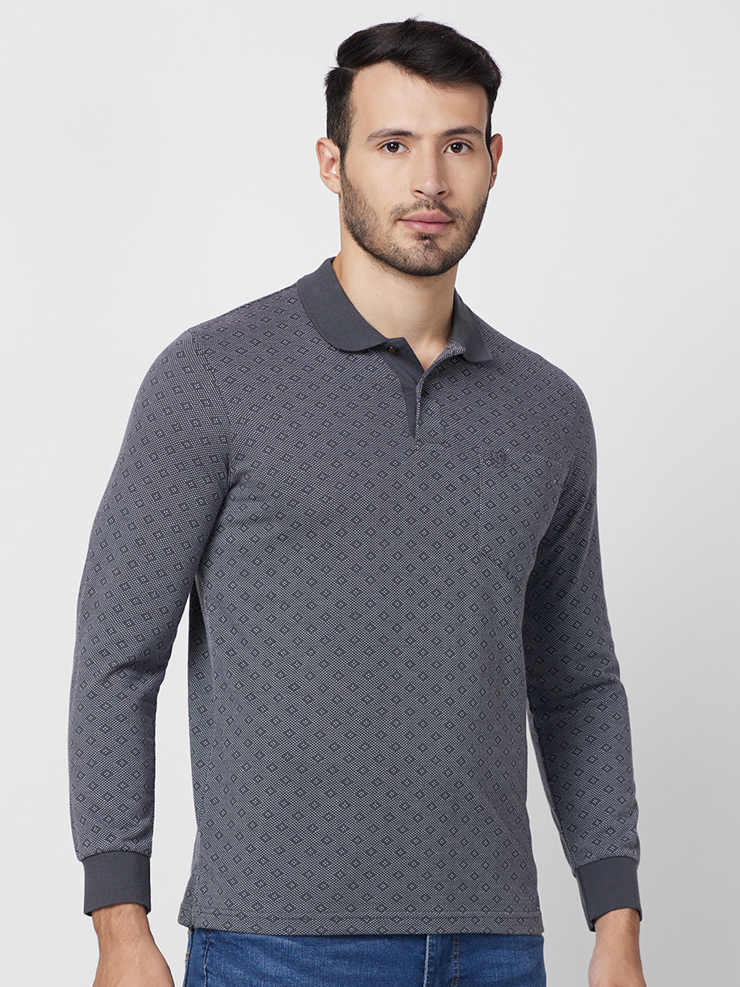 Men's Full-Sleeved Jacquard Polo Cotton Blend Shirt