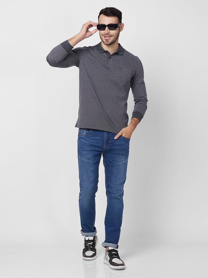 Men's Full-Sleeved Jacquard Polo Cotton Blend Shirt