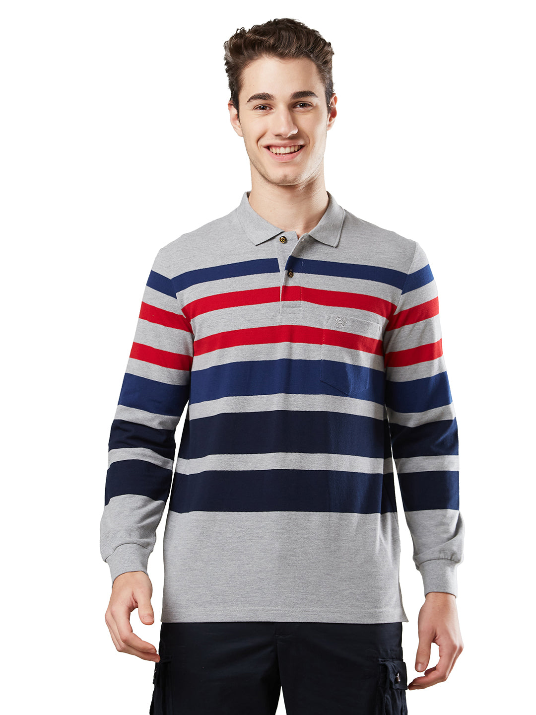 Men’s Striped Polo – Long Sleeve Cotton Blend - T-Shirts
