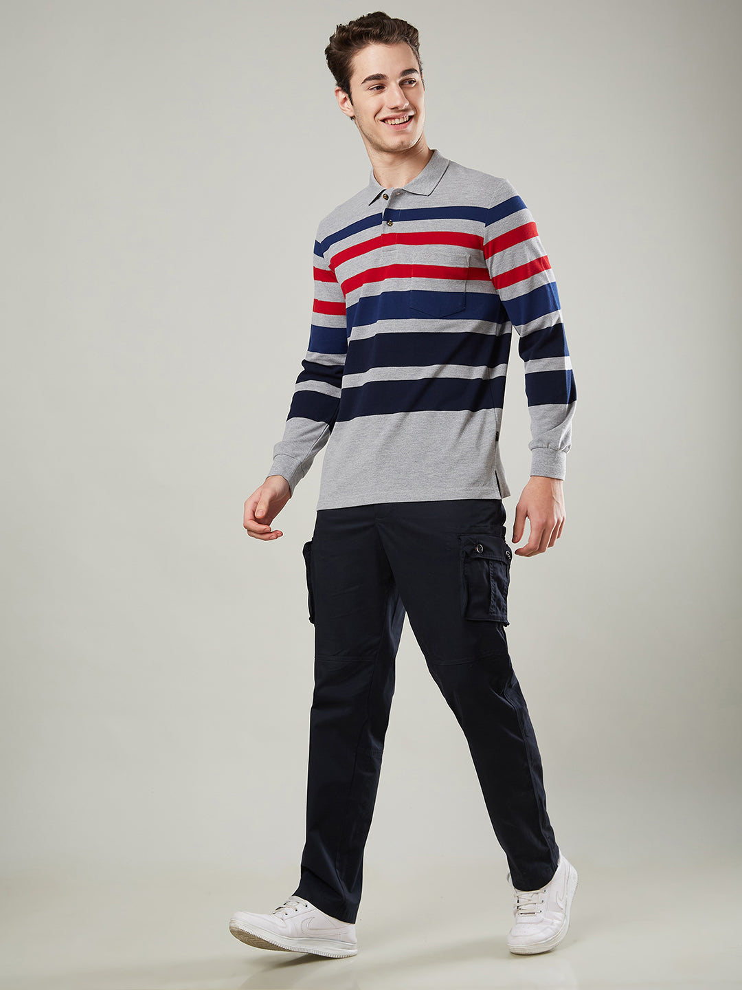 Men’s Striped Polo – Long Sleeve Cotton Blend - T-Shirts