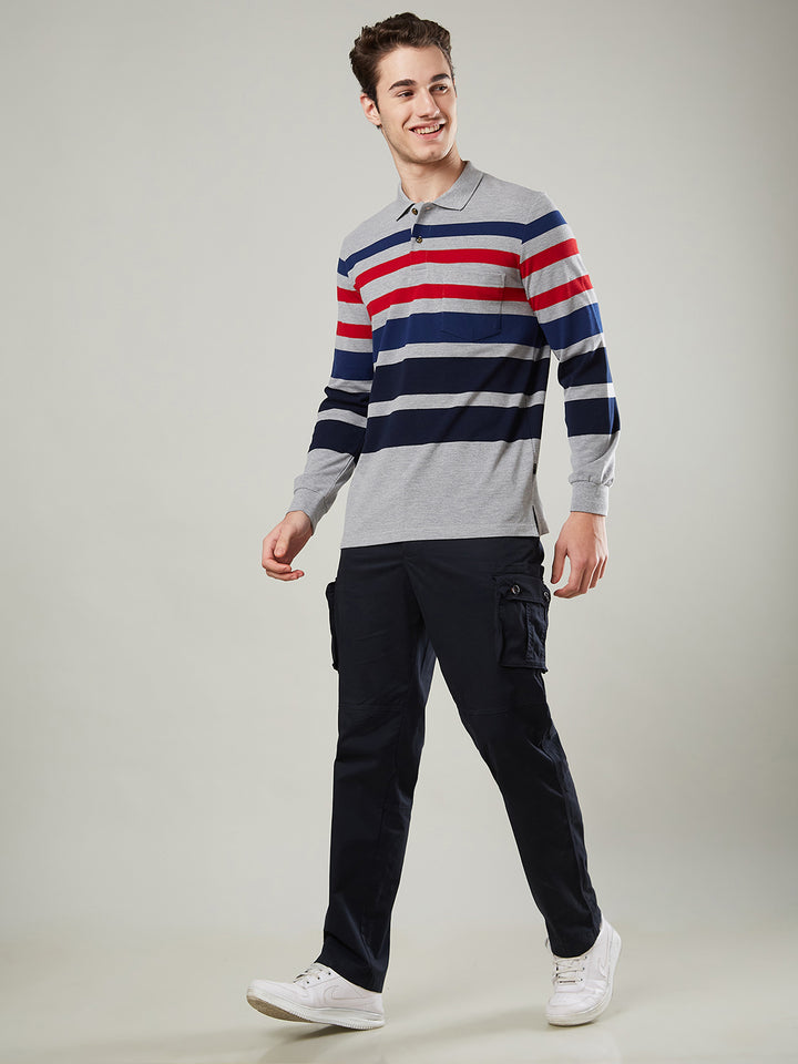 Men’s Striped Polo – Long Sleeve Cotton Blend - T-Shirts