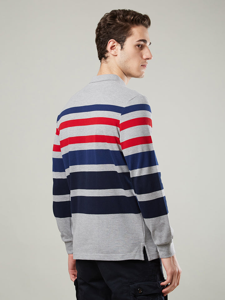 Men’s Striped Polo – Long Sleeve Cotton Blend - T-Shirts