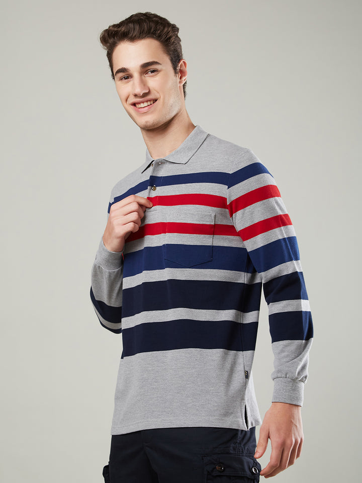 Men’s Striped Polo – Long Sleeve Cotton Blend - T-Shirts