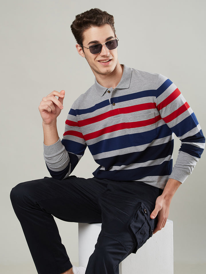 Men’s Striped Polo – Long Sleeve Cotton Blend - T-Shirts