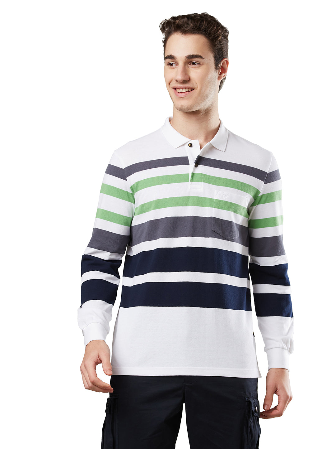 Men’s Striped Polo – Long Sleeve Cotton Blend - T-Shirts