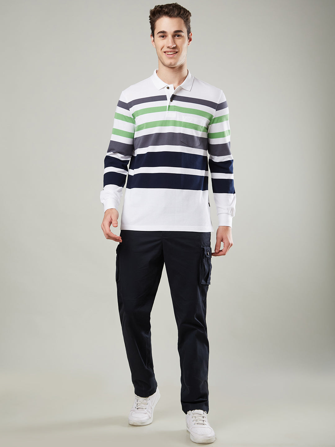Men’s Striped Polo – Long Sleeve Cotton Blend - T-Shirts
