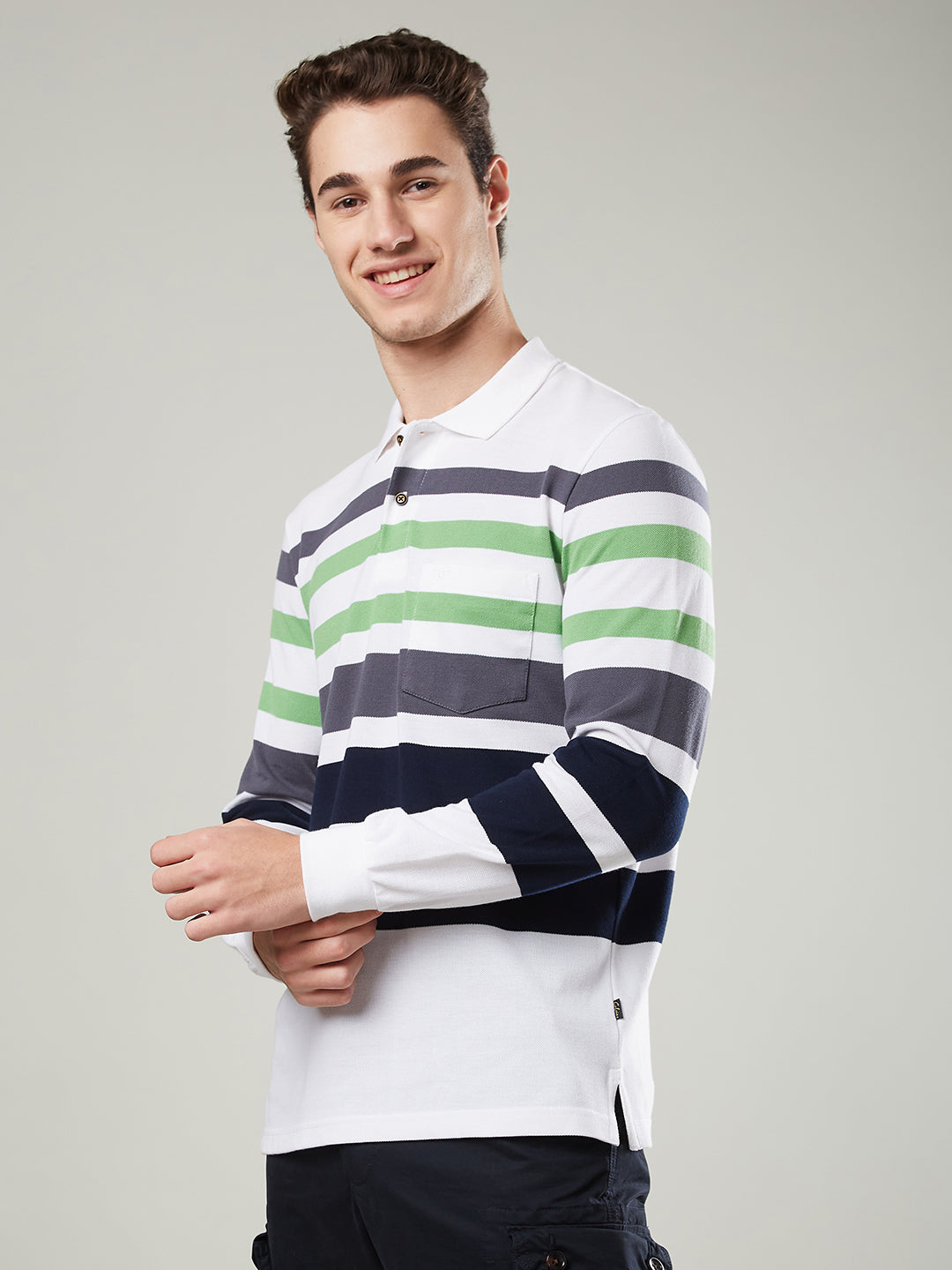 Men’s Striped Polo – Long Sleeve Cotton Blend - T-Shirts